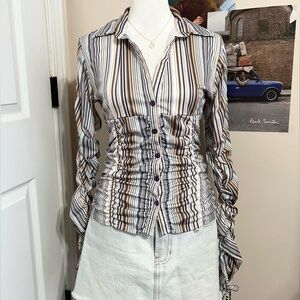 Vintage Striped Button-Up Ruched Top